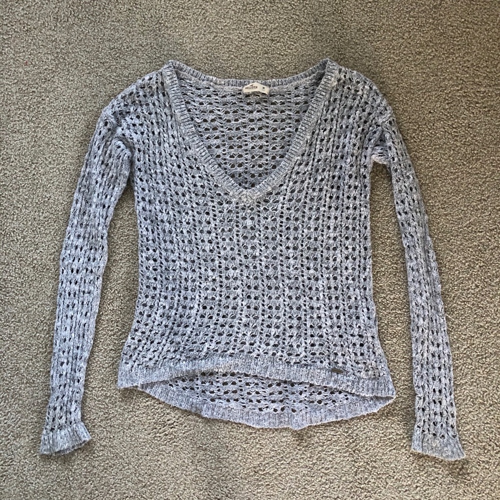 Hollister Grey Open Knit V-Neck Sweater - Size M - Boho Crochet Style